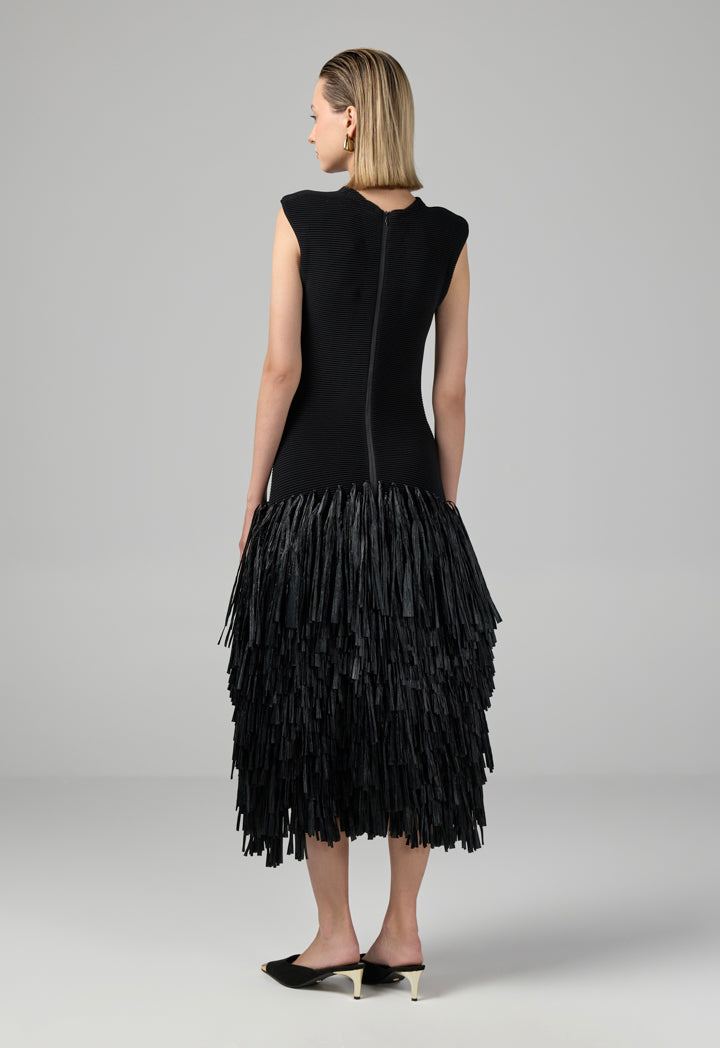 Choice Sleeveless Raffia Fringe Knitted Dress Black