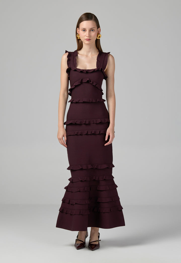 Choice Solid Ruffle Bodycon Dress Burgundy