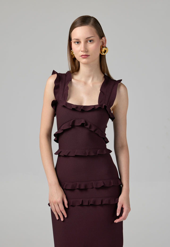 Choice Solid Ruffle Bodycon Dress Burgundy
