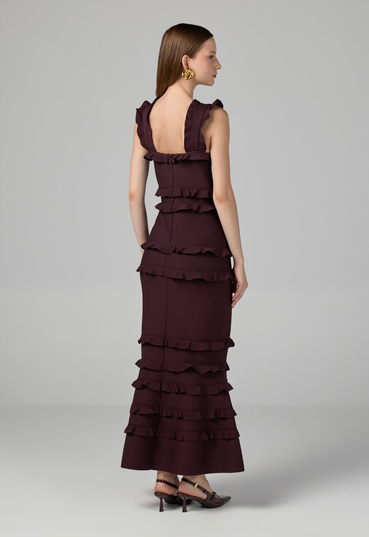 Choice Solid Ruffle Bodycon Dress Burgundy