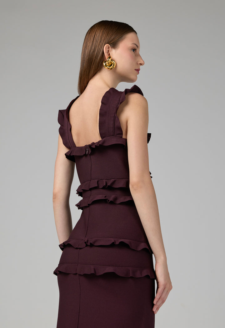 Choice Solid Ruffle Bodycon Dress Burgundy