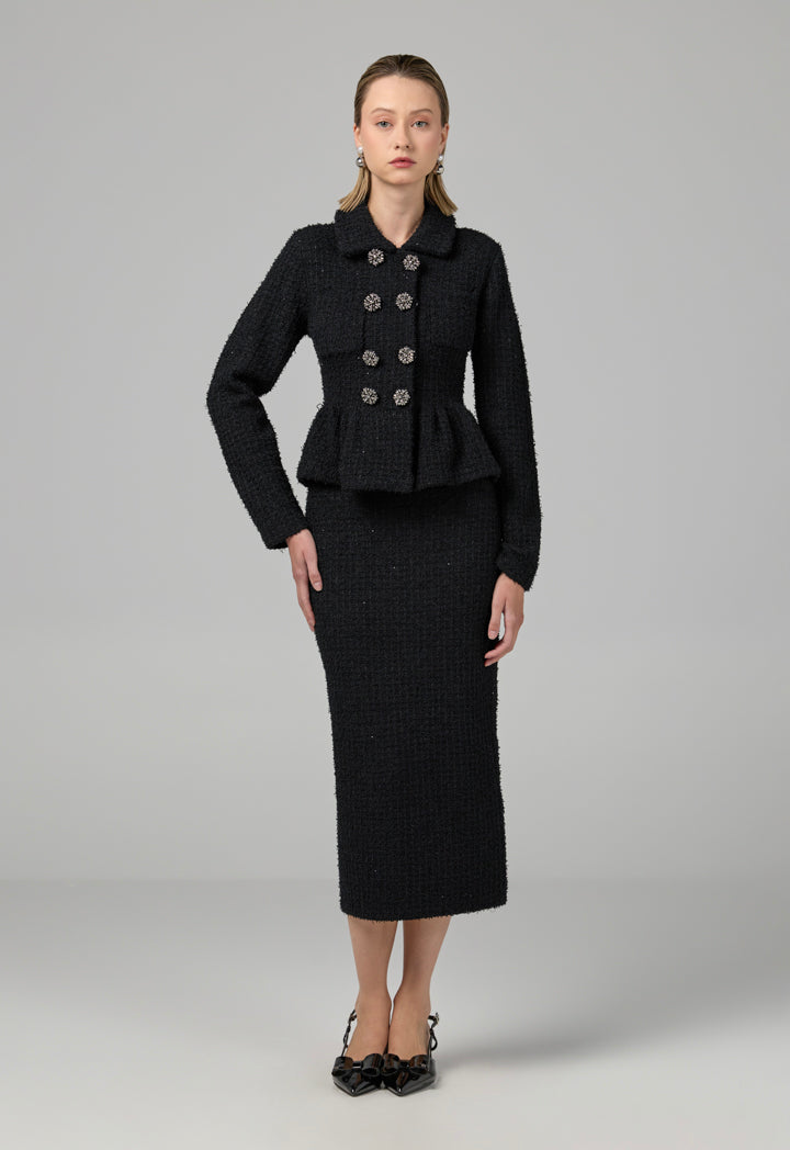 Choice Solid Sequins Dress With Tweed Jacket Black
