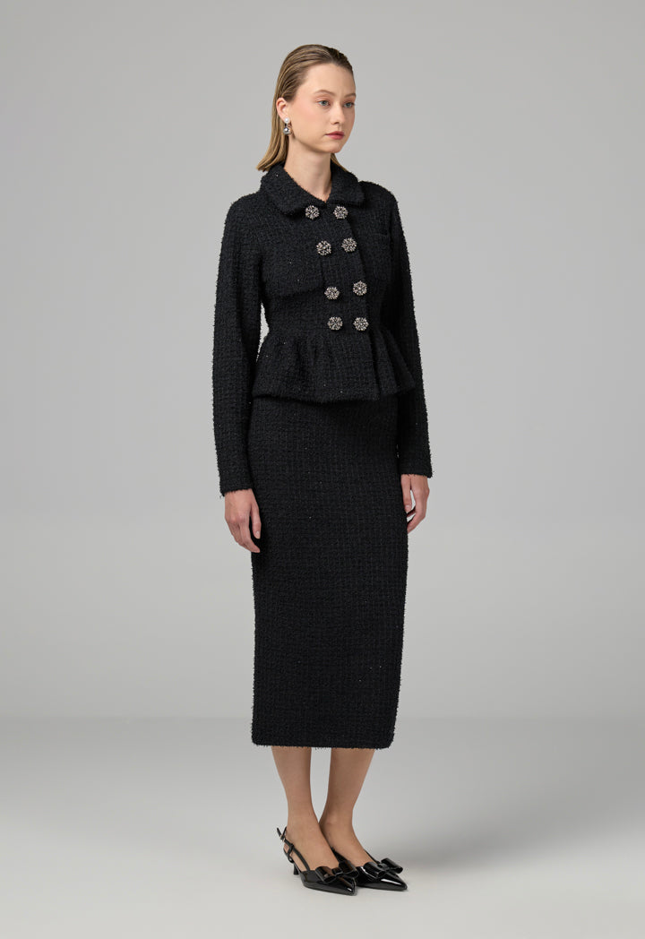 Choice Solid Sequins Dress With Tweed Jacket Black