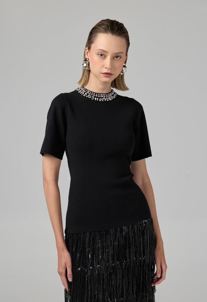 Choice Crystal Embellished Knitted T-Shirt Black