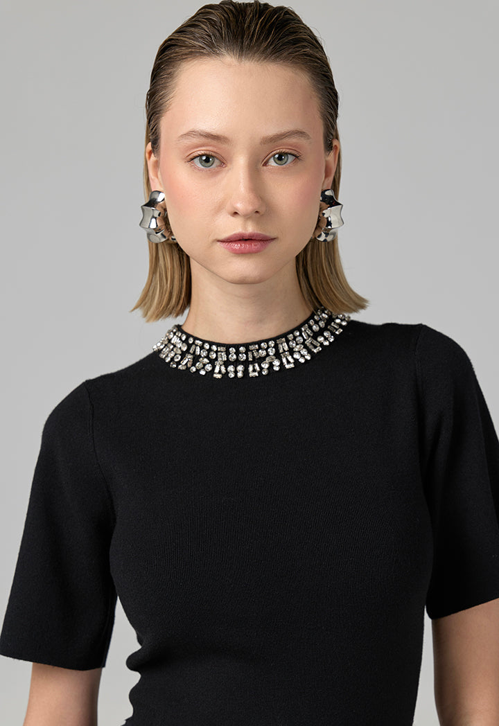 Choice Crystal Embellished Knitted T-Shirt Black