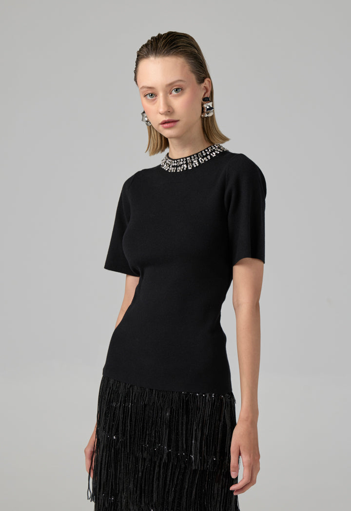 Choice Crystal Embellished Knitted T-Shirt Black