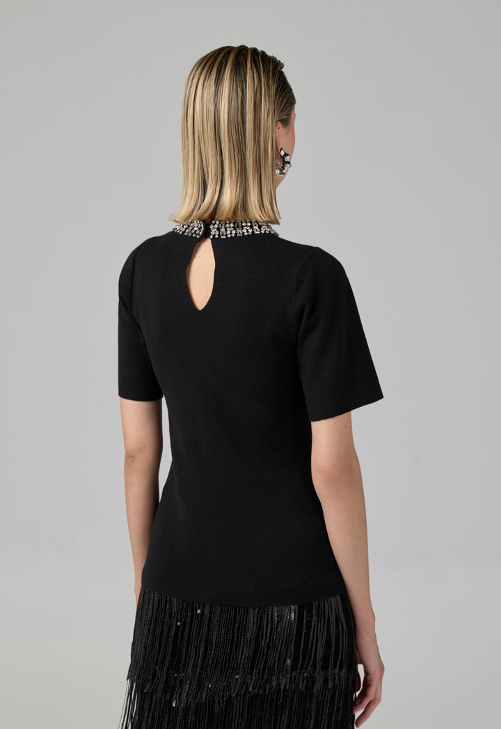 Choice Crystal Embellished Knitted T-Shirt Black