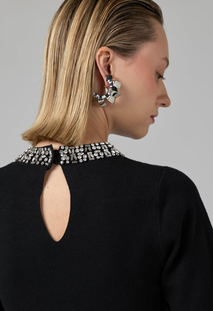 Choice Crystal Embellished Knitted T-Shirt Black