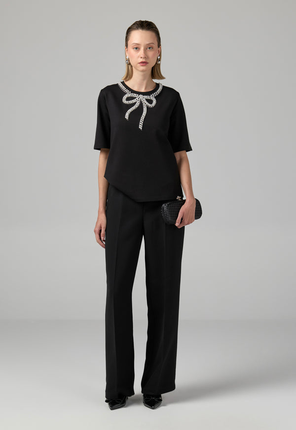 Choice Crystal Pearl Embellished T-Shirt Black
