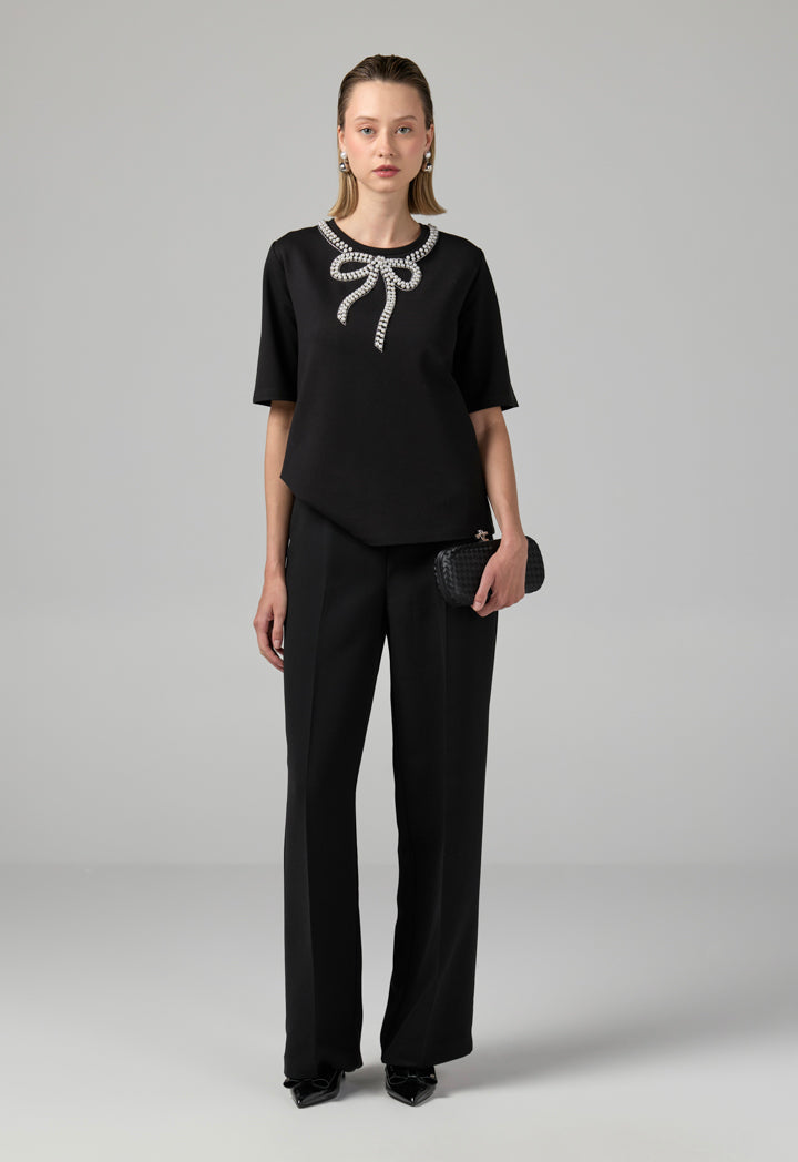 Choice Crystal Pearl Embellished T-Shirt Black