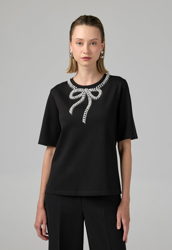 Choice Crystal Pearl Embellished T-Shirt Black