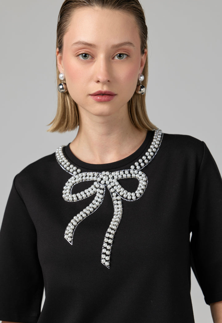 Choice Crystal Pearl Embellished T-Shirt Black