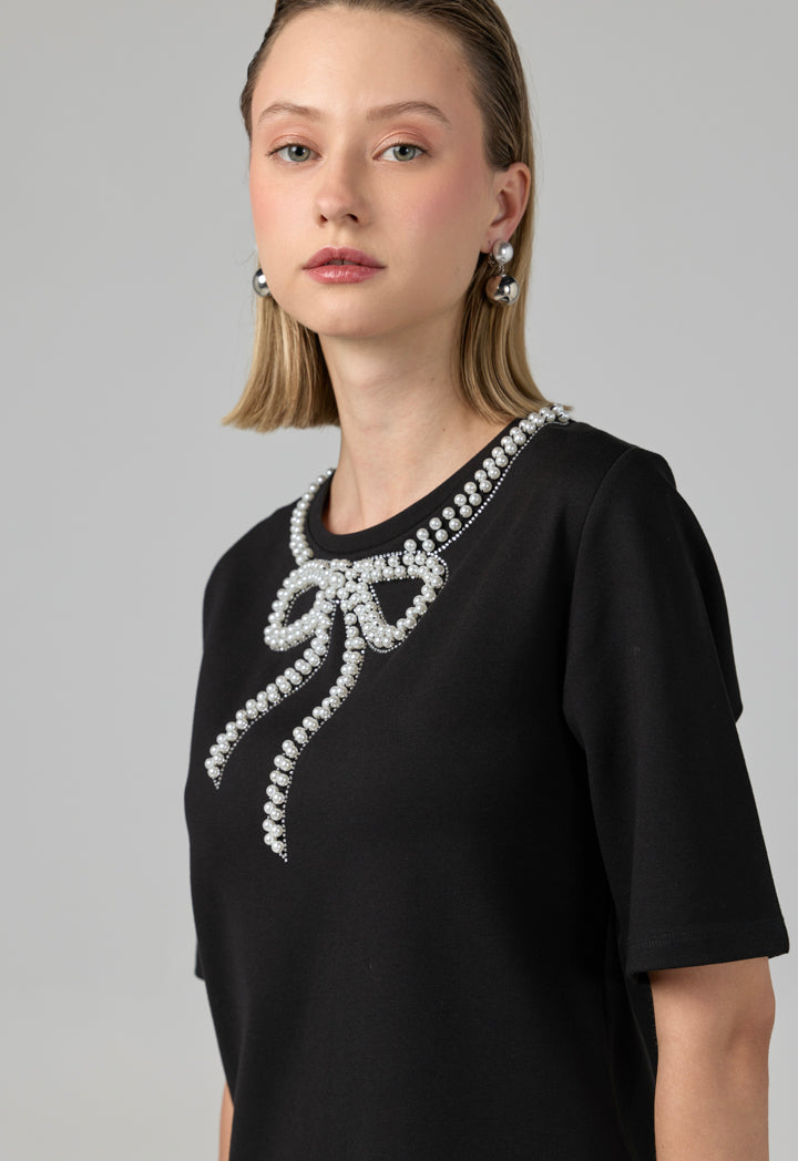 Choice Crystal Pearl Embellished T-Shirt Black