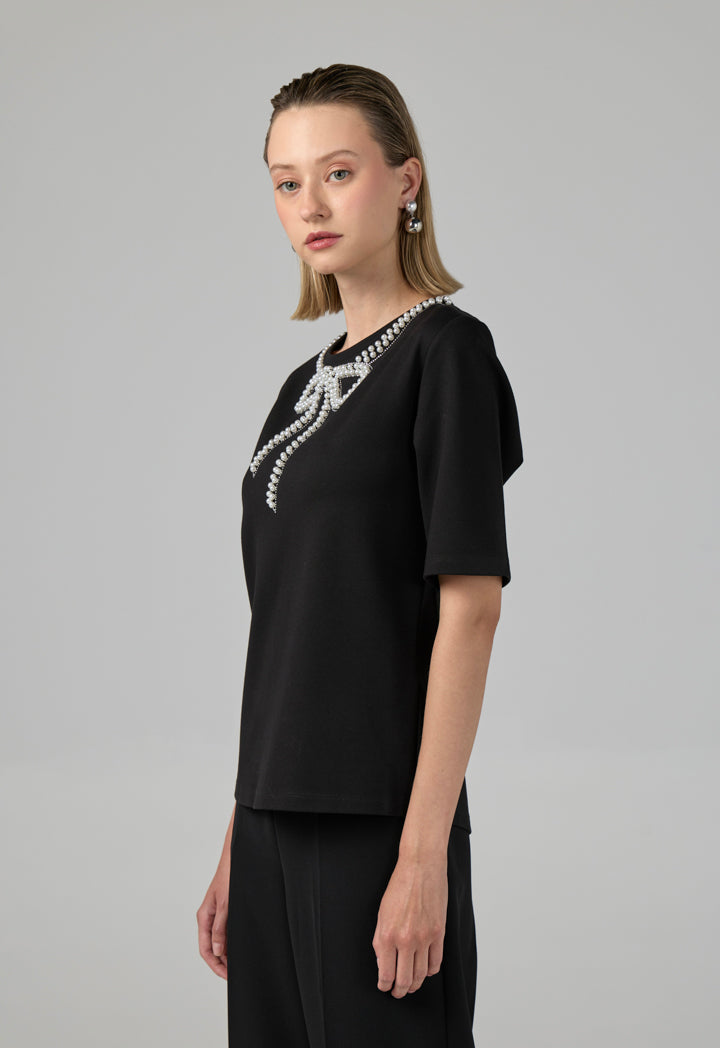 Choice Crystal Pearl Embellished T-Shirt Black