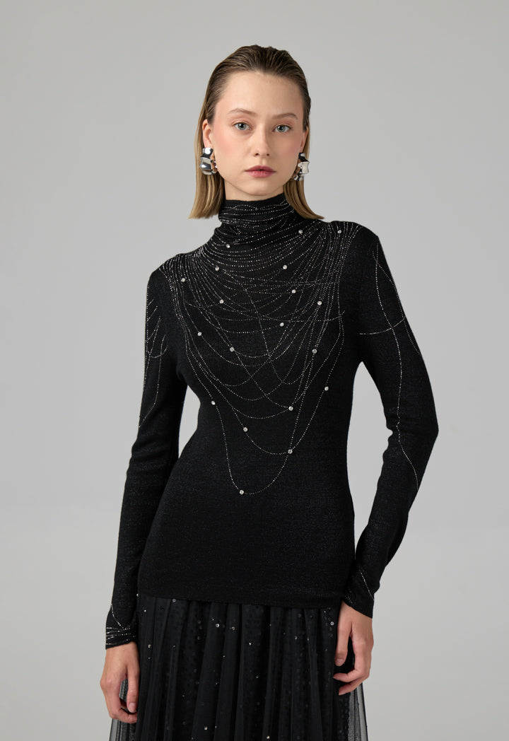 Choice Solid Crystal Embellished Knitted Top Black