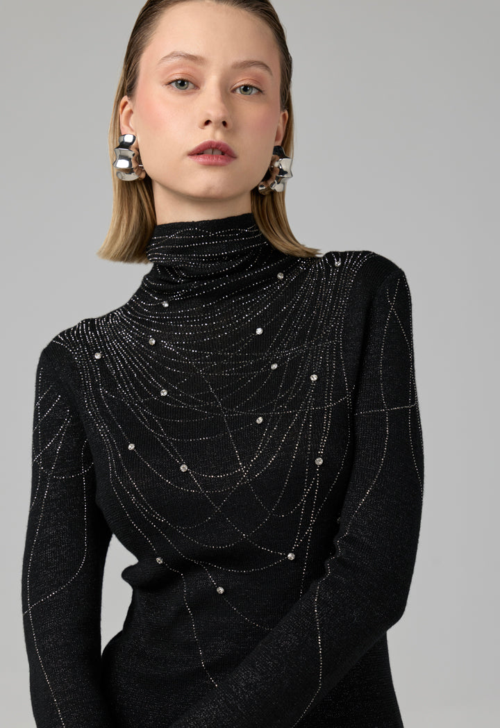 Choice Solid Crystal Embellished Knitted Top Black