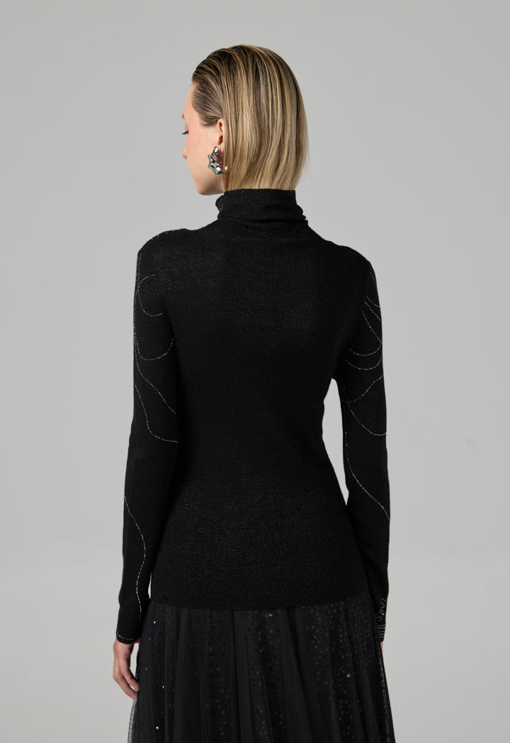 Choice Solid Crystal Embellished Knitted Top Black