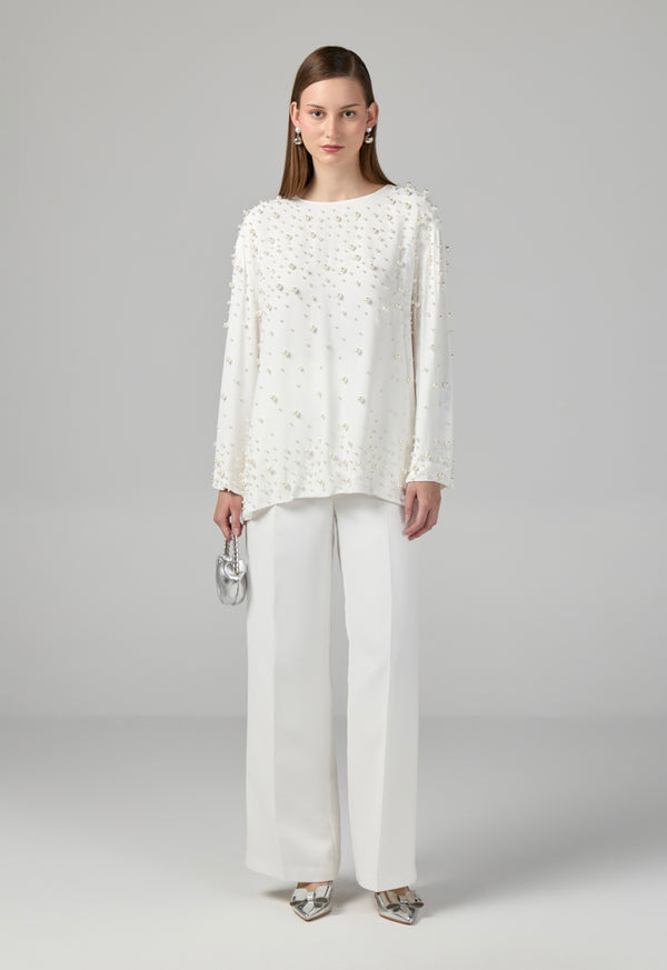 Choice Solid Pearl Embellished Blouse Off White