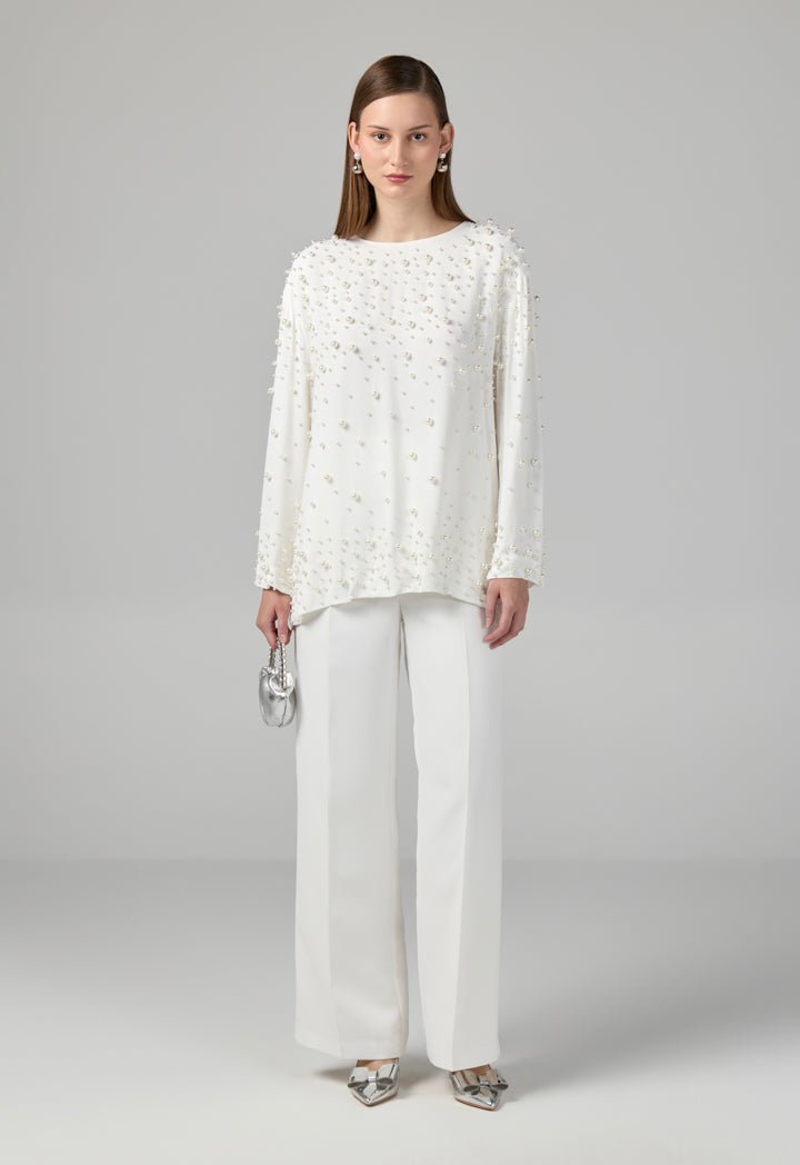 Choice Solid Pearl Embellished Blouse Off White