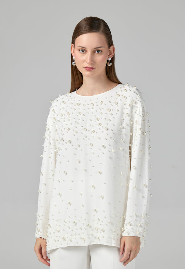 Choice Solid Pearl Embellished Blouse Off White