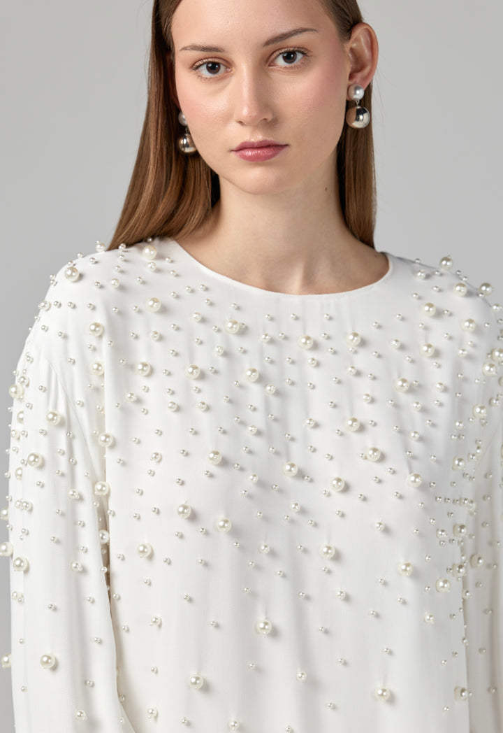 Choice Solid Pearl Embellished Blouse Off White
