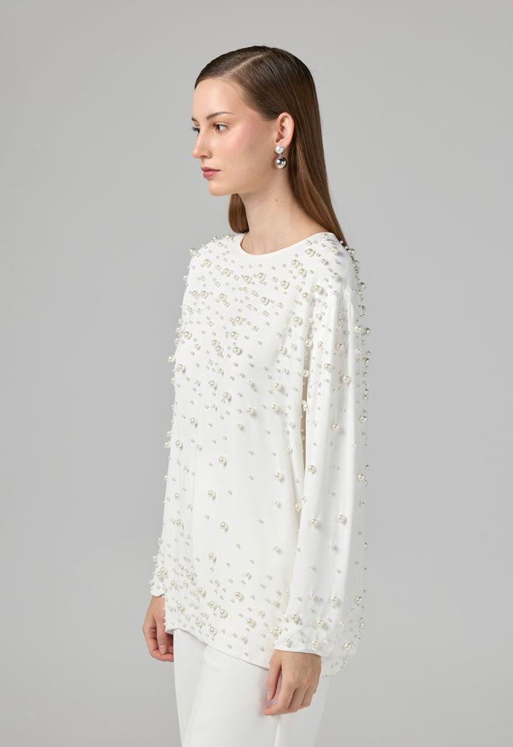 Choice Solid Pearl Embellished Blouse Off White