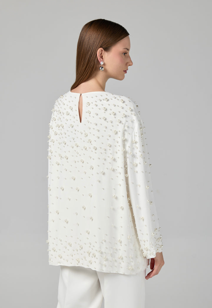 Choice Solid Pearl Embellished Blouse Off White