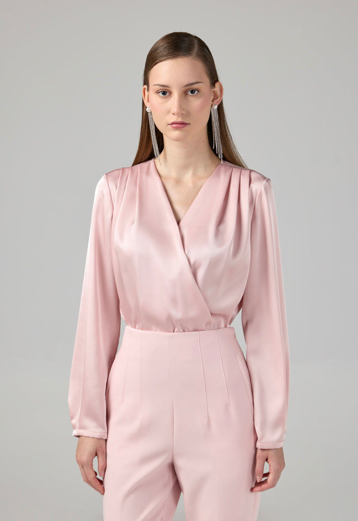 Choice Long Sleeves Satin Bodysuit Top Pink