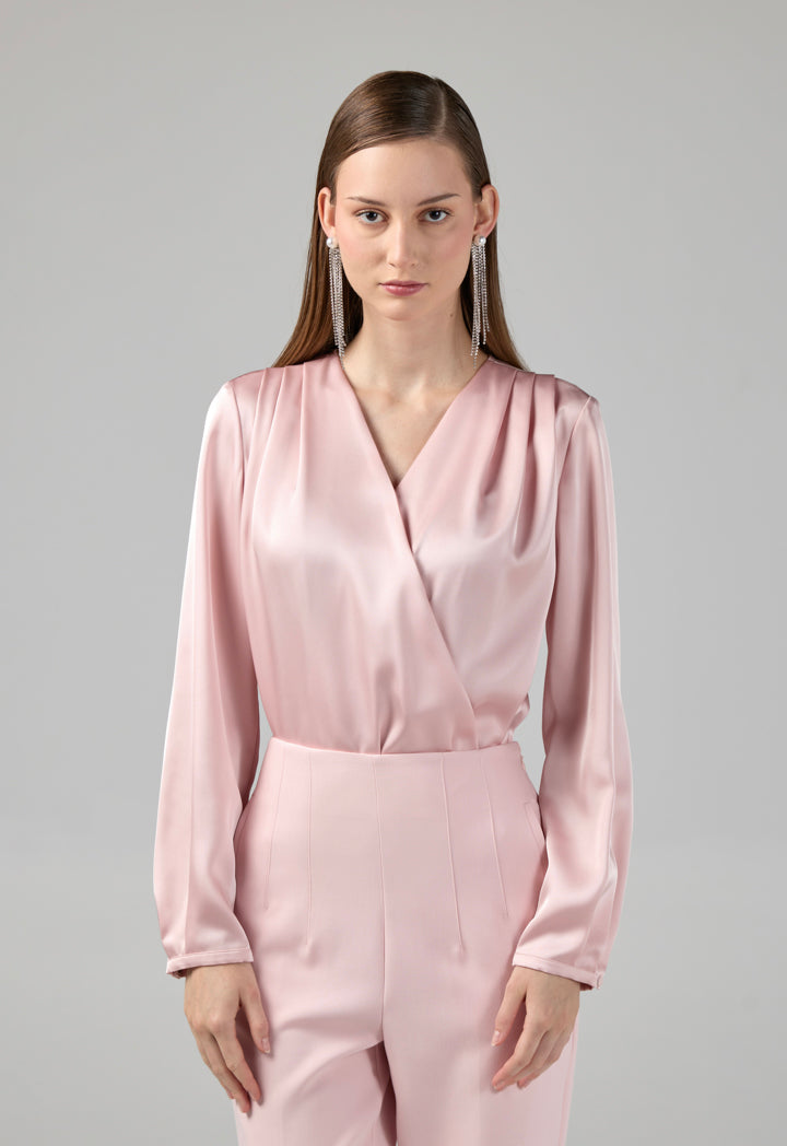Choice Long Sleeves Satin Bodysuit Top Pink