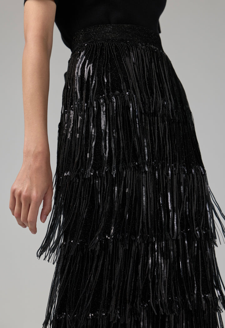 Choice Knitted Sequins Fringe Skirt Black