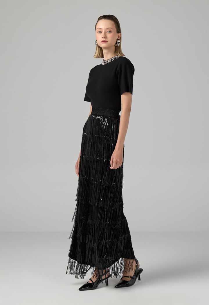 Choice Knitted Sequins Fringe Skirt Black