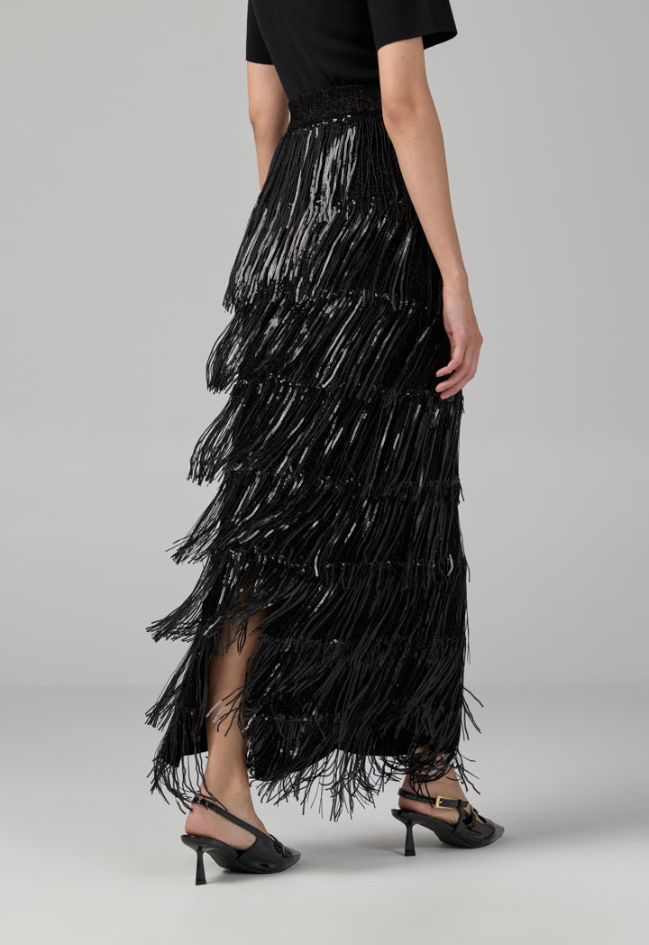 Choice Knitted Sequins Fringe Skirt Black