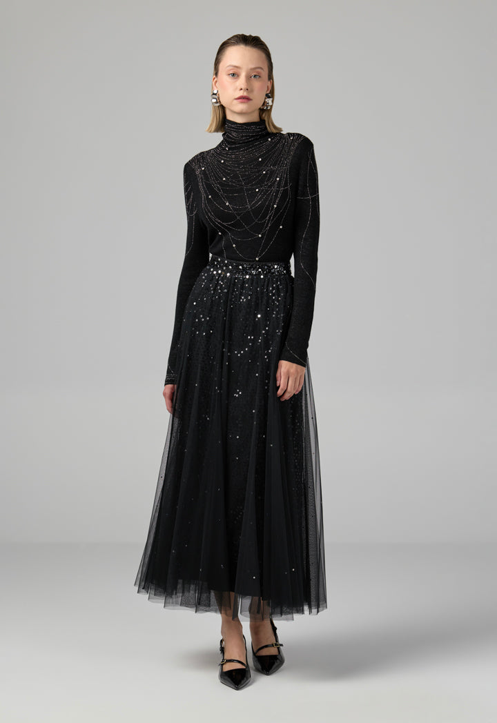 Choice Sequins Mesh Flared Skirt Black