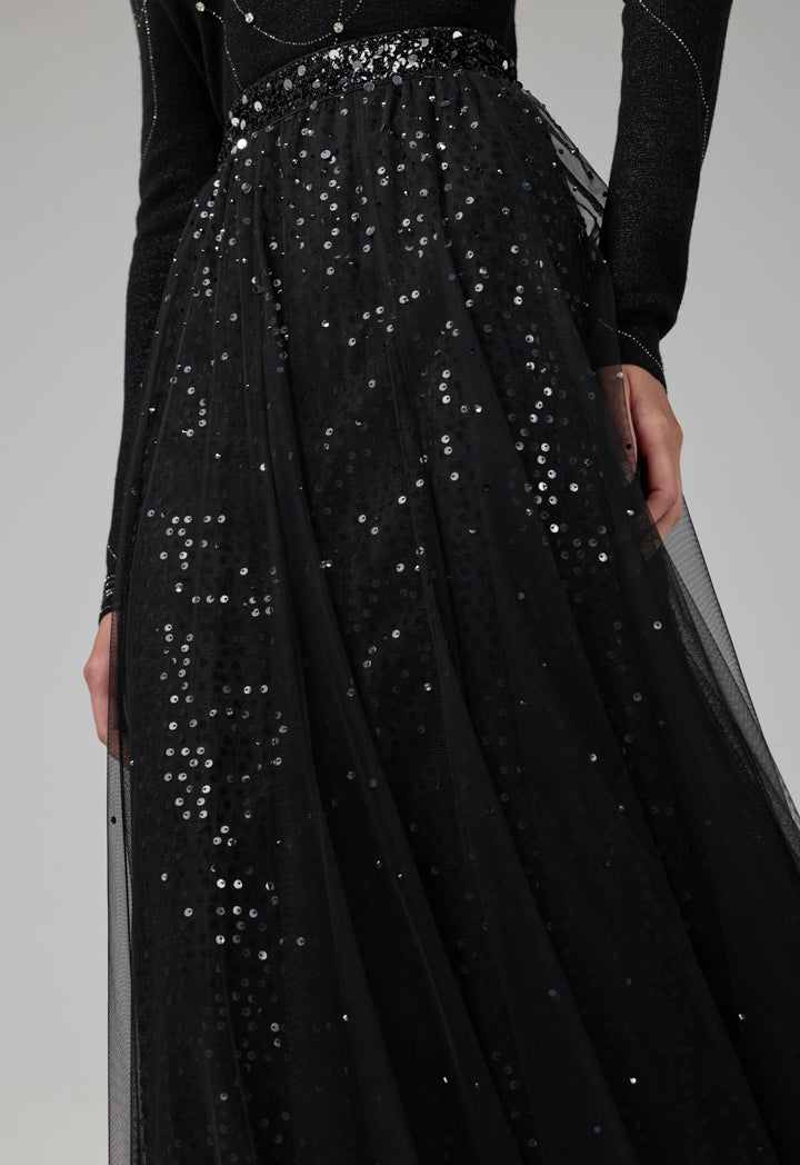 Choice Sequins Mesh Flared Skirt Black