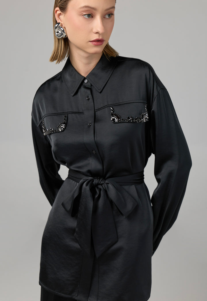 Choice Crystal Embellished Belted Shirt Black