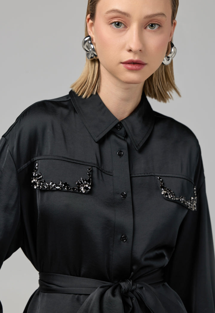Choice Crystal Embellished Belted Shirt Black