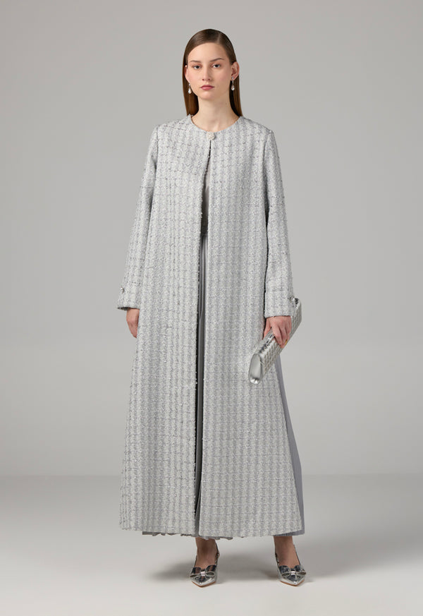Choice Long Sleeve Tweed Lurex Coat Grey