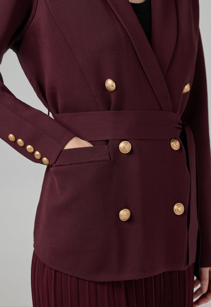 Choice Front Pockets Knitted Belted Jacket Burgundy