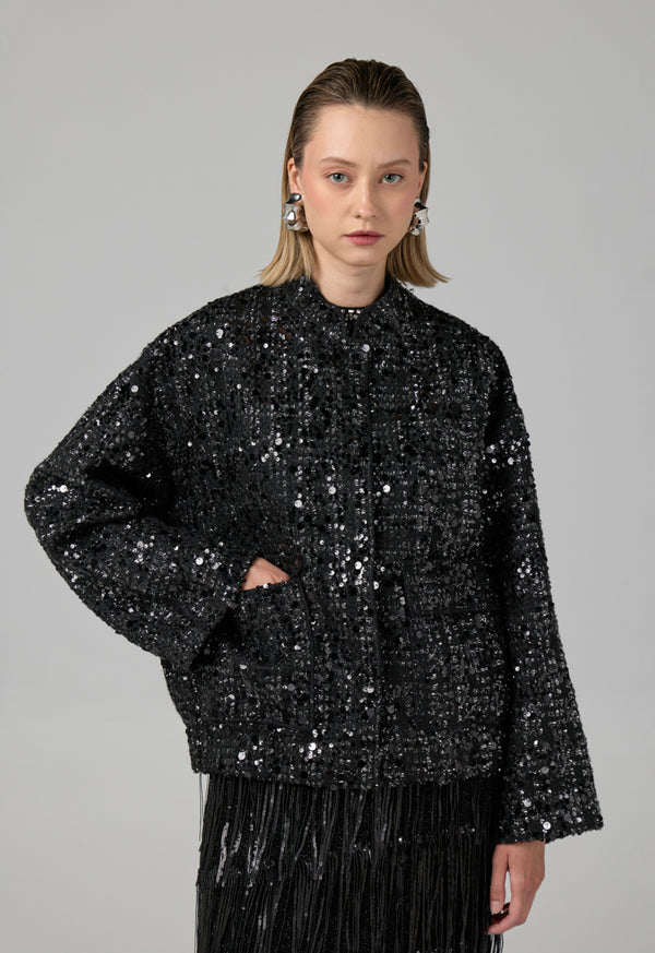 Choice Long Sleeve Sequin Tweed Jacket Black