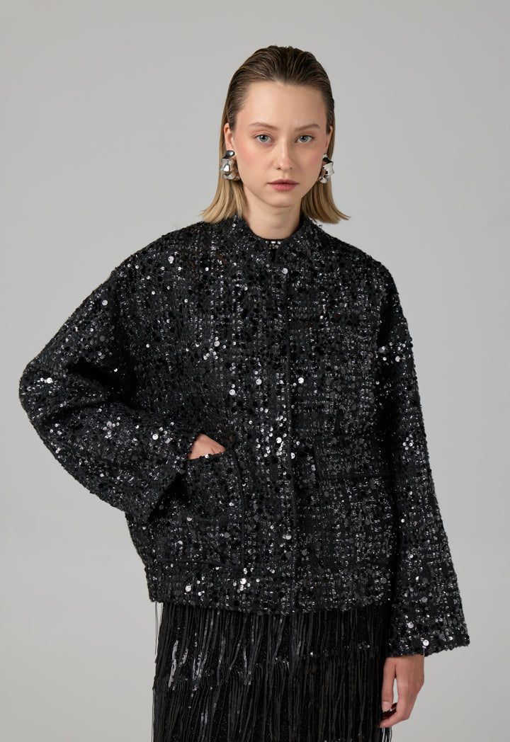 Choice Long Sleeve Sequin Tweed Jacket Black