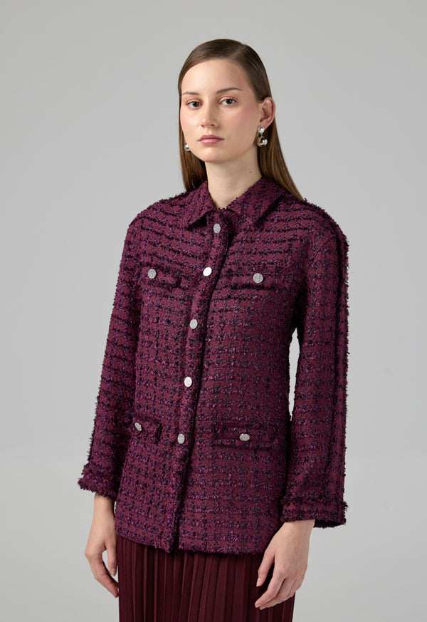 Choice Long Sleeve Tweed Lurex Jacket Burgundy