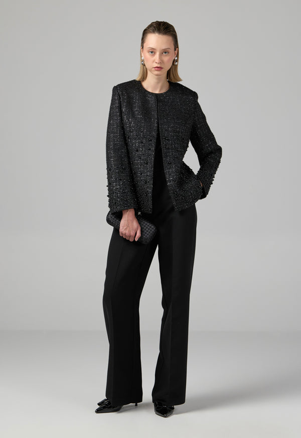 Choice Pearl Embellished Tweed Jacket Black