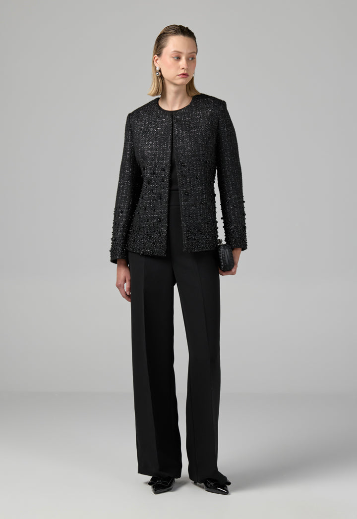 Choice Pearl Embellished Tweed Jacket Black