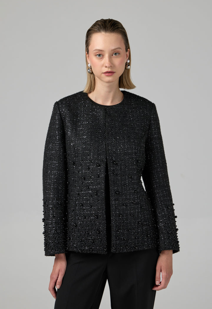Choice Pearl Embellished Tweed Jacket Black