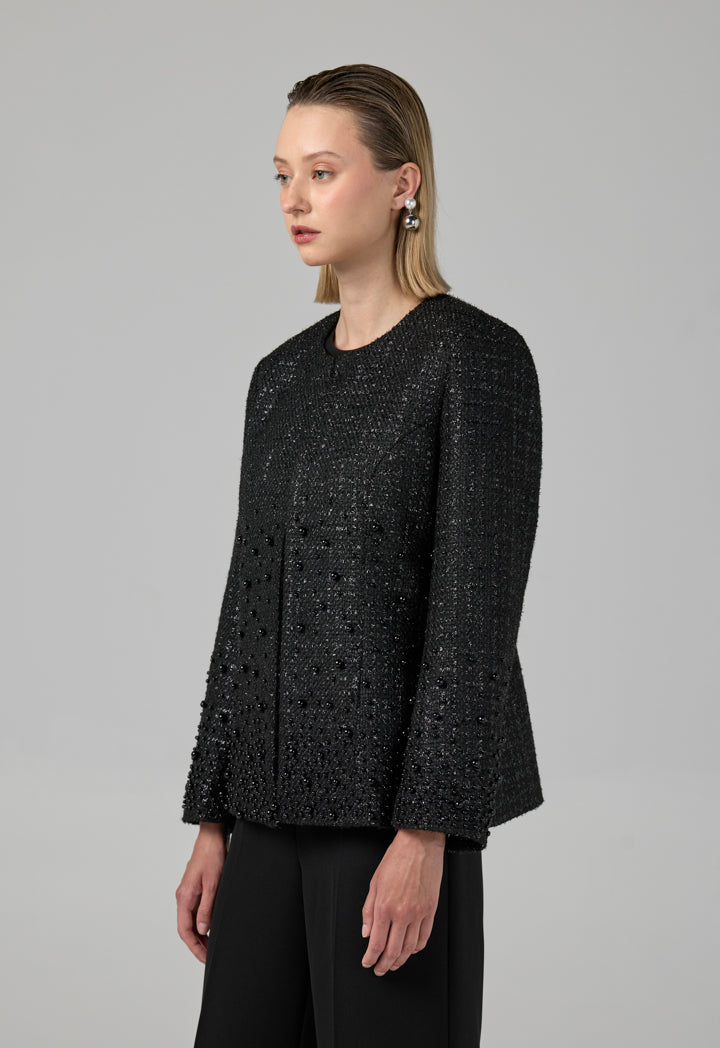 Choice Pearl Embellished Tweed Jacket Black