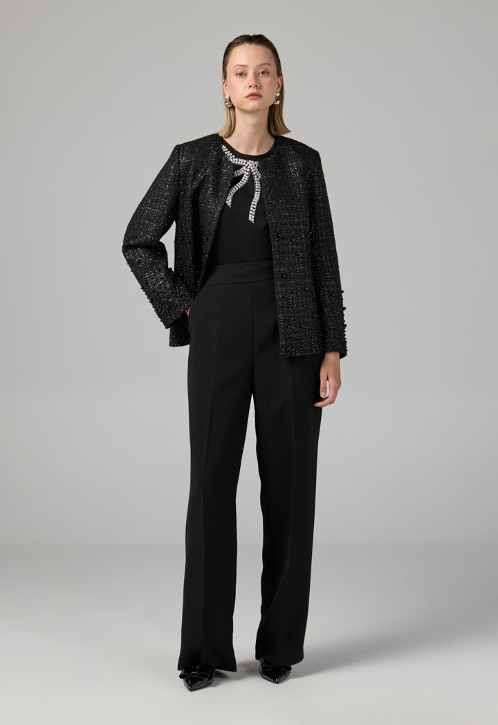 Choice Pearl Embellished Tweed Jacket Black