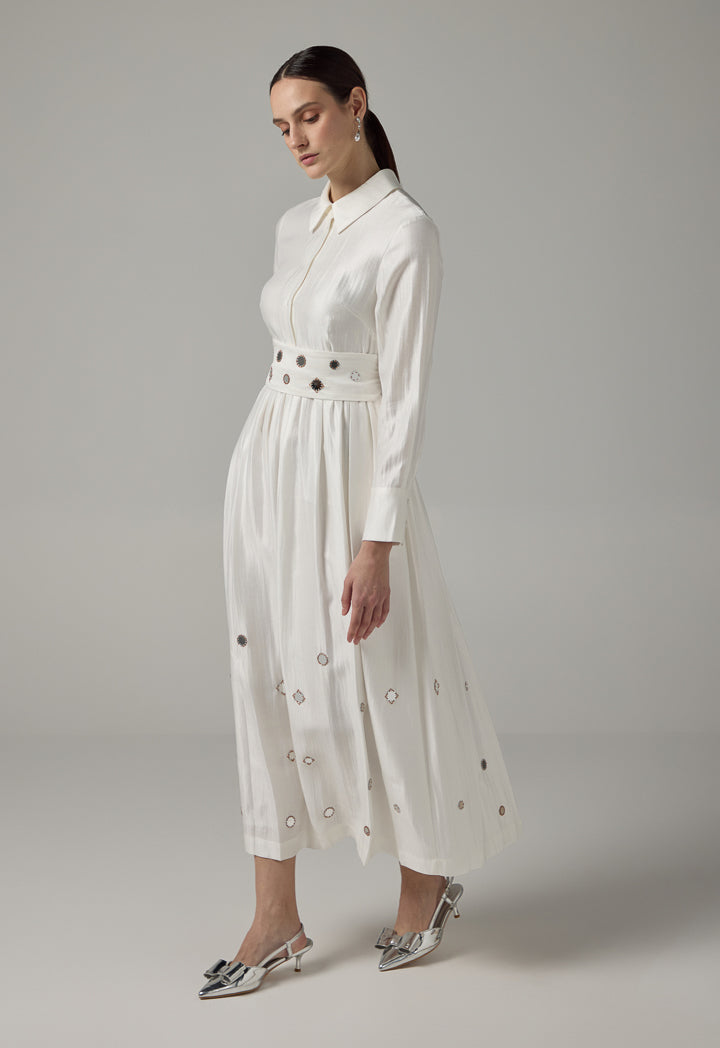 Choice Mirror Embroidered Belted Maxi Dress Off White