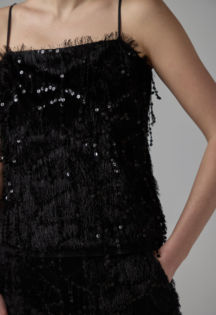 Choice Solid Sleeveless Sequin Cropped Top Black