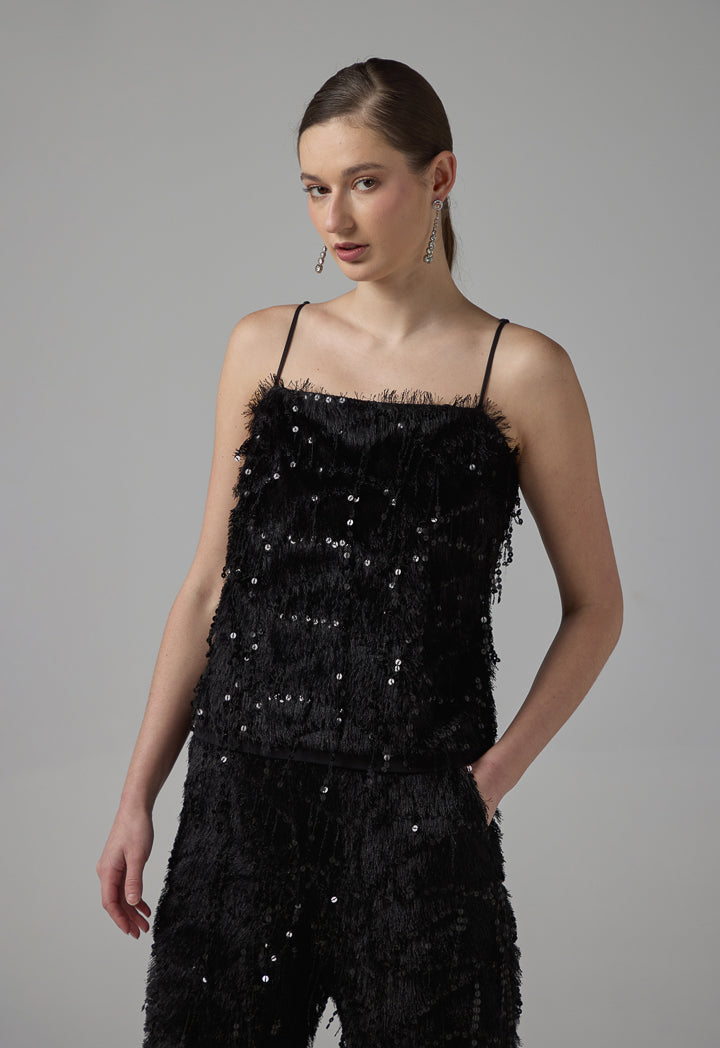 Choice Solid Sleeveless Sequin Cropped Top Black