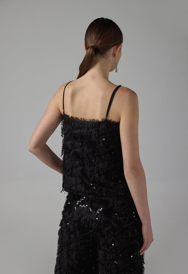Choice Solid Sleeveless Sequin Cropped Top Black